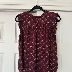 LOFT Burgundy Floral Ruffle Blouse